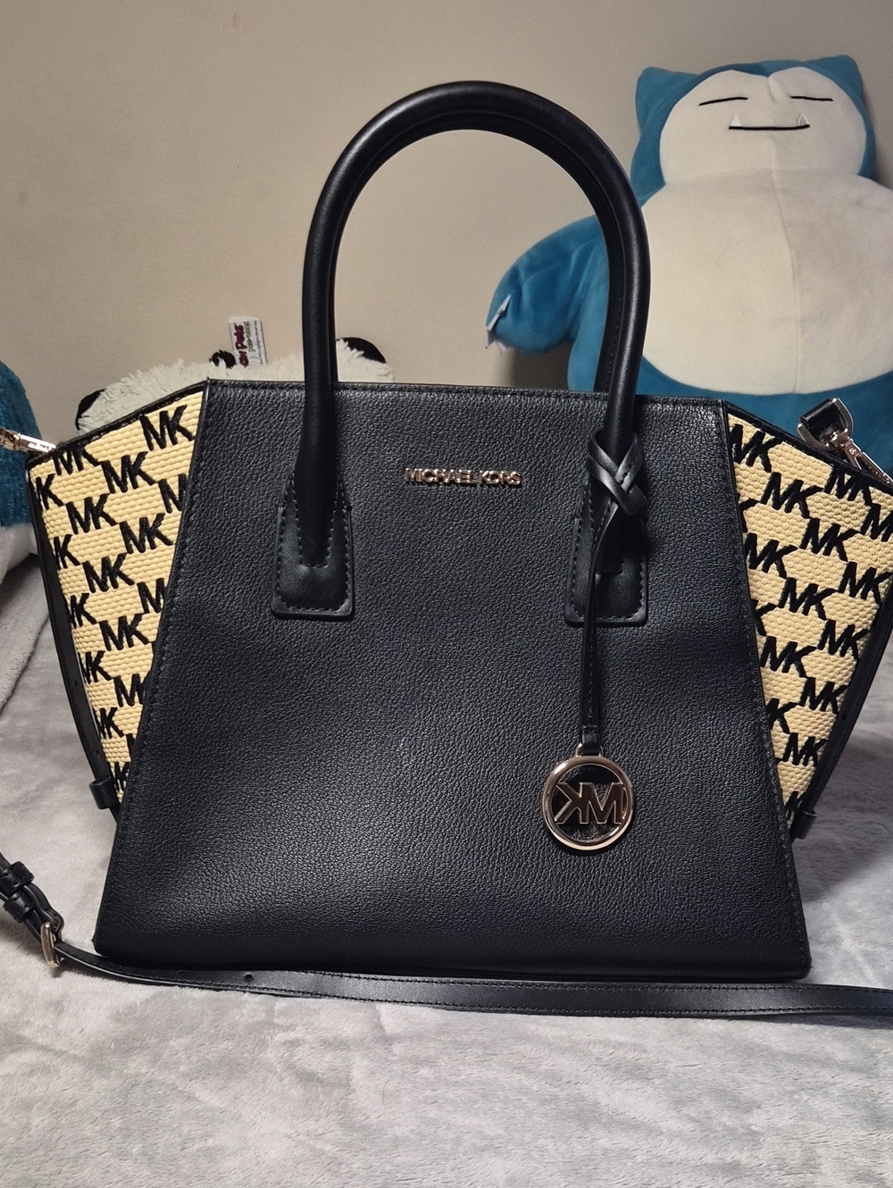 Michael Kors Black & Natural Logo Satchel with Gold-Tone Charm